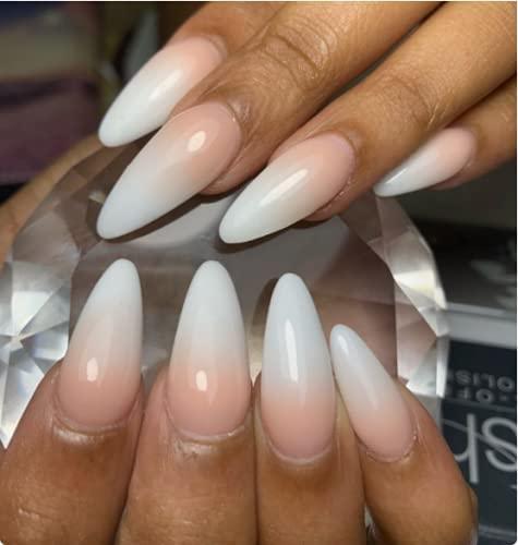 Short Almond Shape Glossy Nude White French False Nails Set Press On