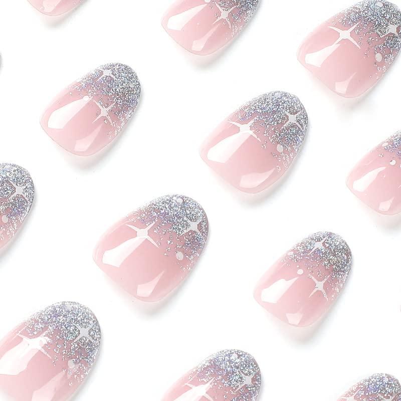 Buy Mouyouglow Short Round Nude Pink Silver Glitter Press On Nails Full Cover Artificial Nails