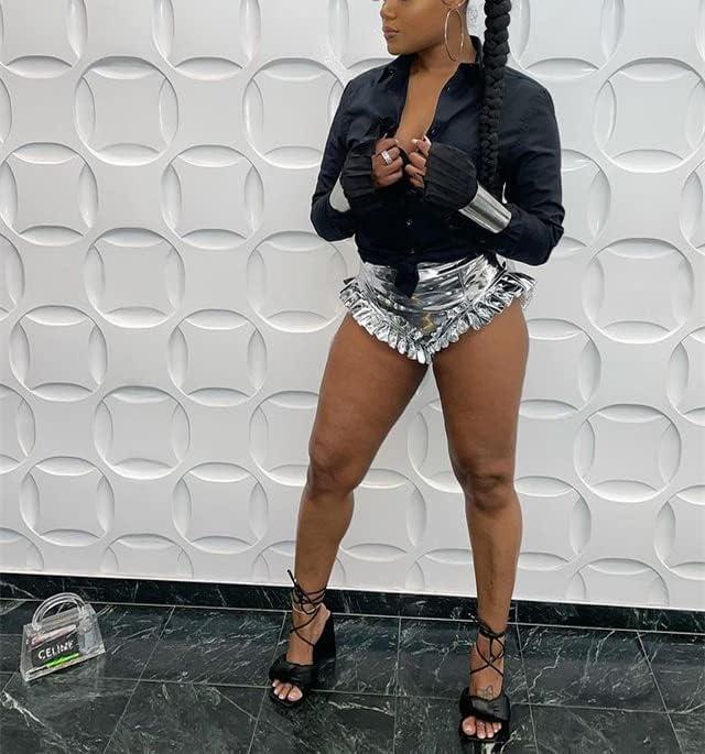 Silver Metallic Ruffle Booty Shorts For Women Sexy Shiny Elastic Waist Club Mini Hot Pants