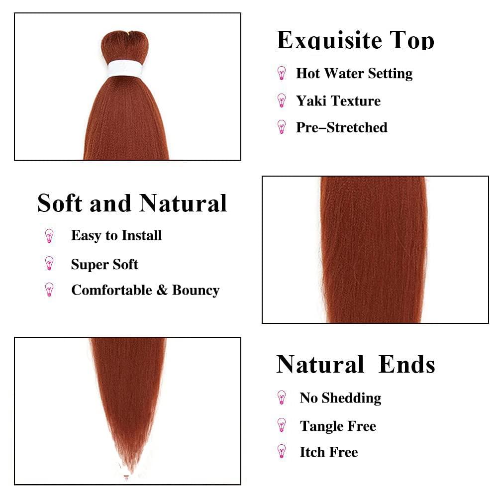 Dark Ginger Pre Stretched Copper Braiding Hair Yaki Texture Packs Lot Hot Water Setting