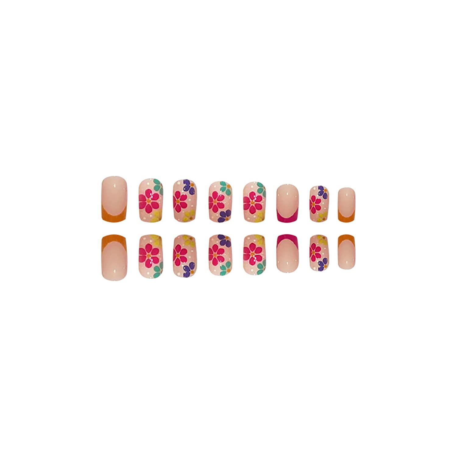 Short Square Nude Pink Flower Design Press On Nails Full Cover Acrylic False Nails For Women