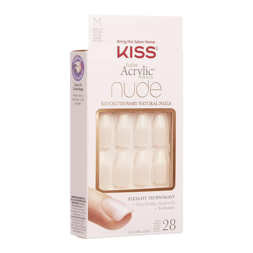 KISS Salon Acrylic French Manicure Set Medium Length Nude Square Leilani Nail Kit With Gel Nail