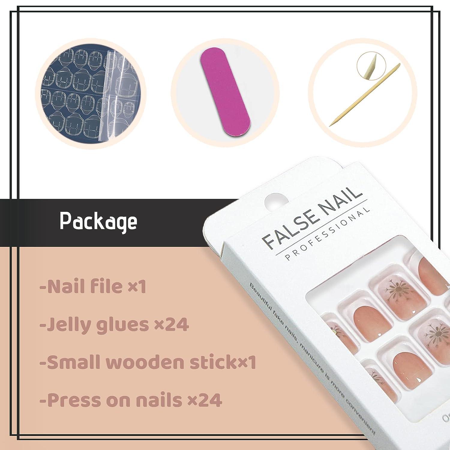 Yosomk French Tip Square Press On Nails With Flower Design Nude Flower False Nails Buy Now