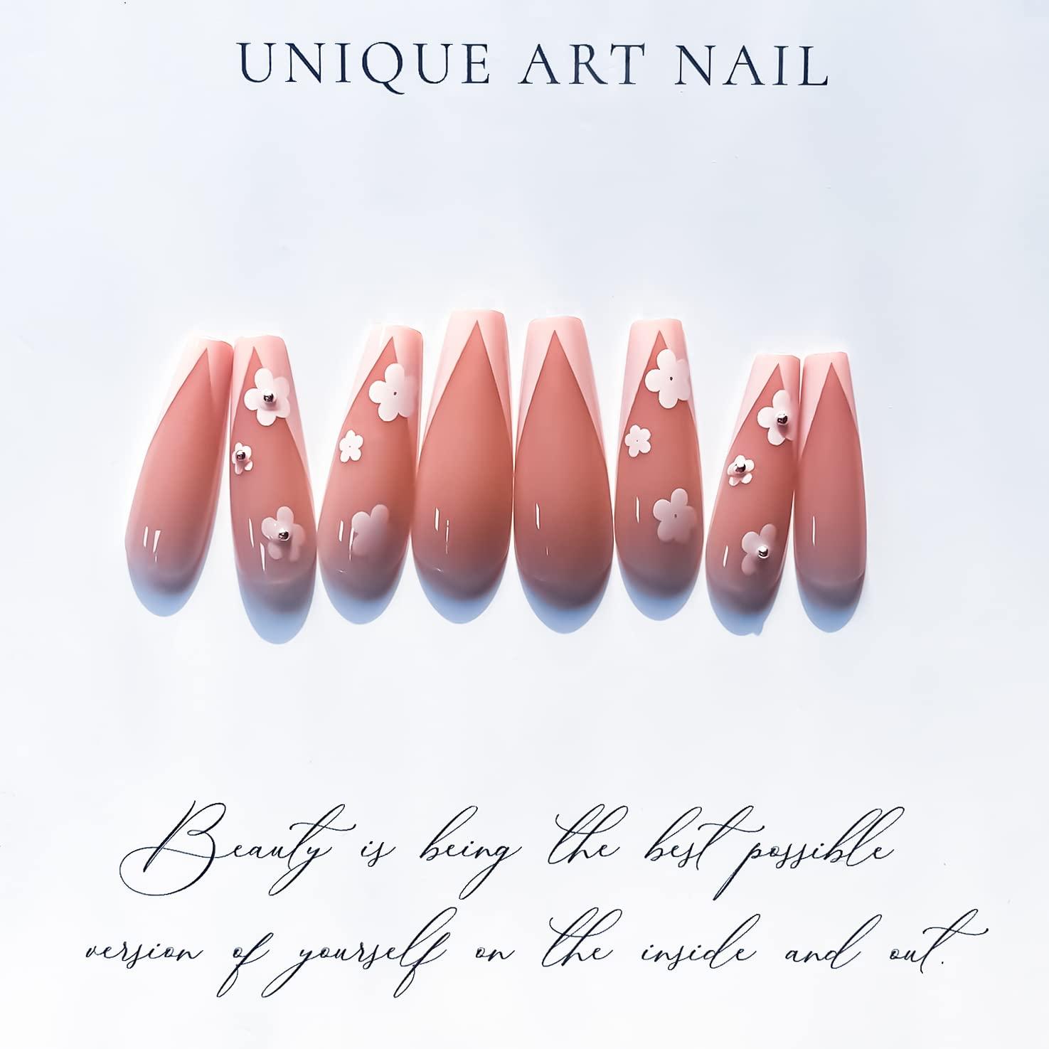 Glossy Nude Pink French Tip Coffin Press On Nails With Flower Design Pcs Buy Now With