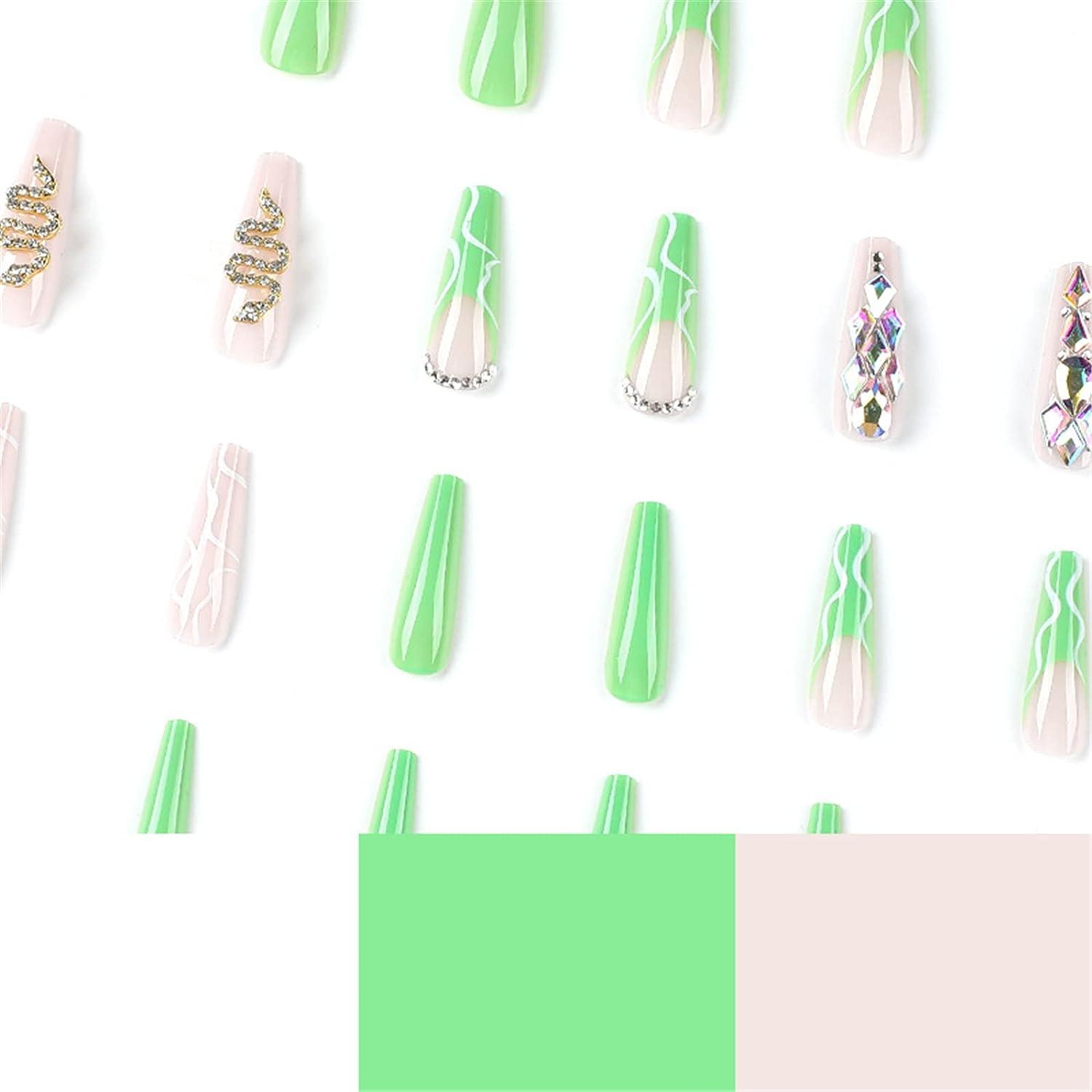 Votacos Long Coffin Fake Nails Nude With Gem Snake Design Glossy Stick On Nails For Women