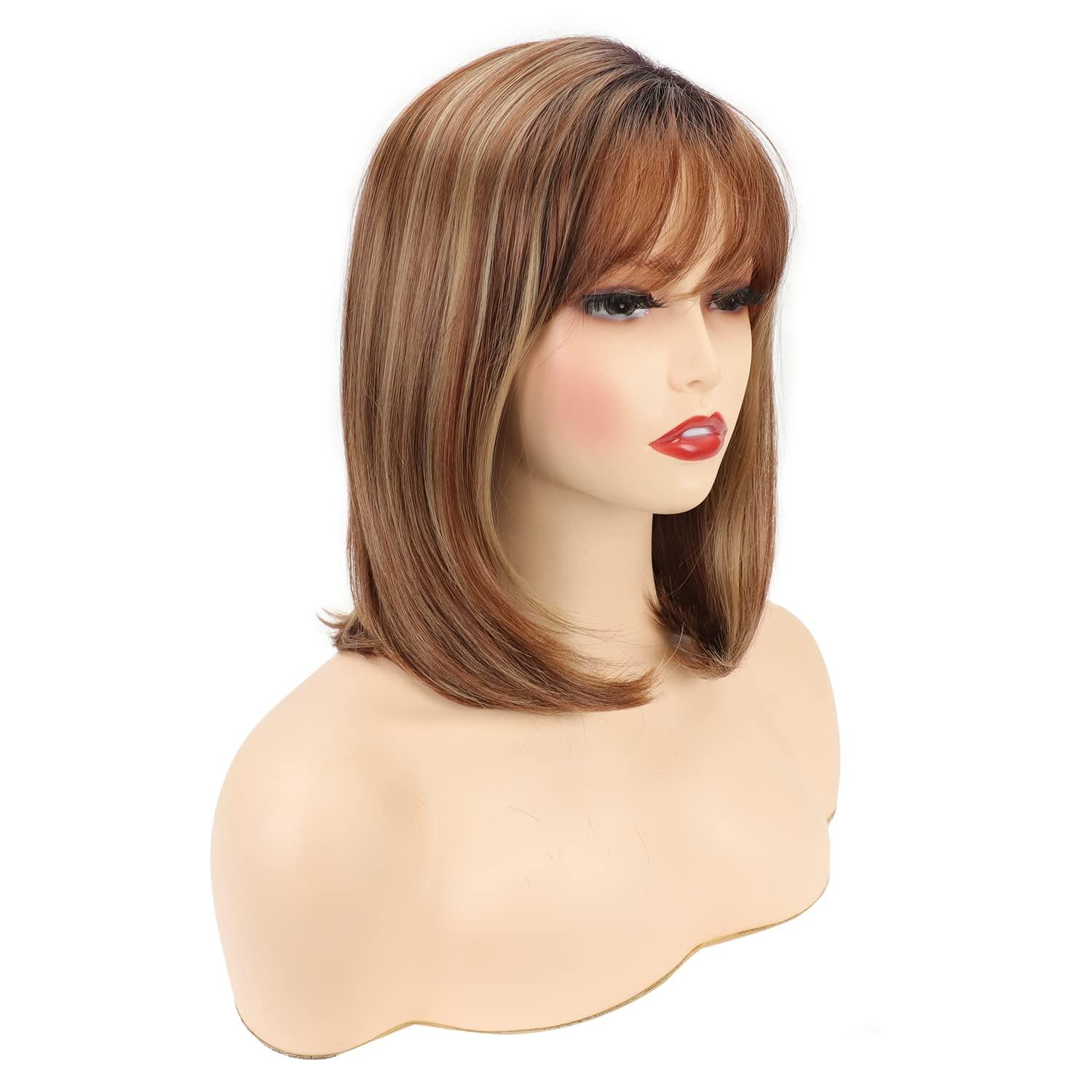 Short Blonde Highlight Bob Wig With Bangs Dark Roots Strawberry Blonde Synthetic Wig Shoulder