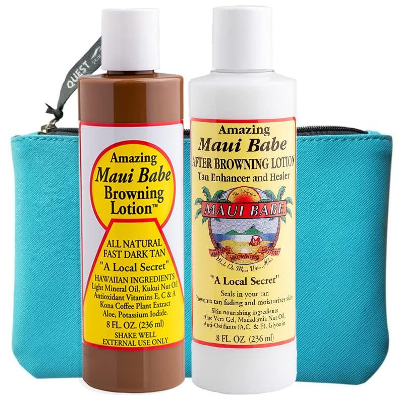 Maui Babe Before And After Browning Lotion Pack With Blue Makeup Bag Hawaiian Dark Tanning