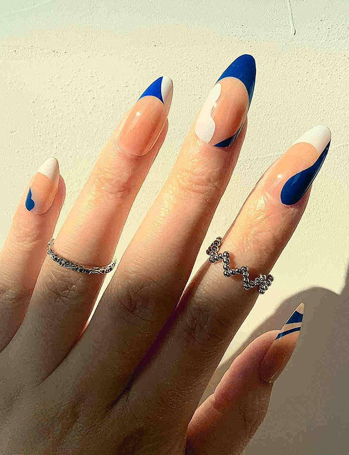 Sankki Almond French Tip Press On Nails Blue White Medium Length Nude Fake Nails With Design