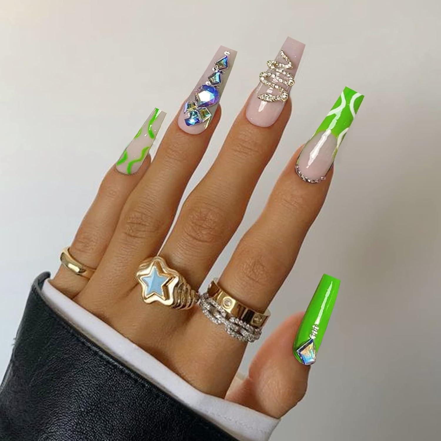 Votacos Long Coffin Fake Nails Nude With Gem Snake Design Glossy Stick On Nails For Women