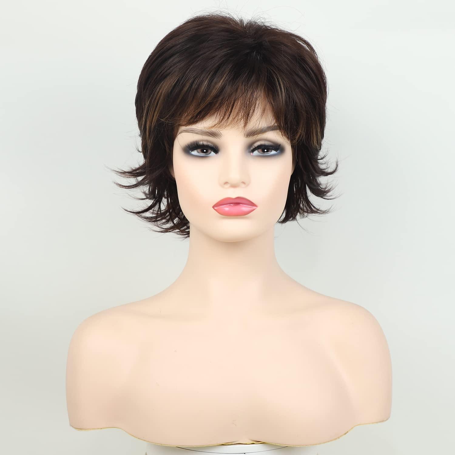 Renershow Brown Blonde Highlight Wavy Pixie Wig For White Women Natural Synthetic Short