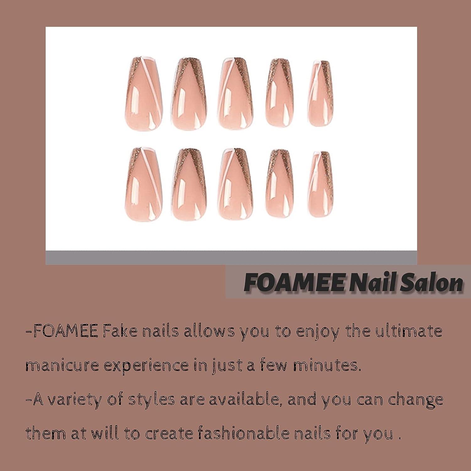 FOAMEE Medium Nude Coffin Fake Nails With Sequins Designs Acrylic Glossy False Nails For Women