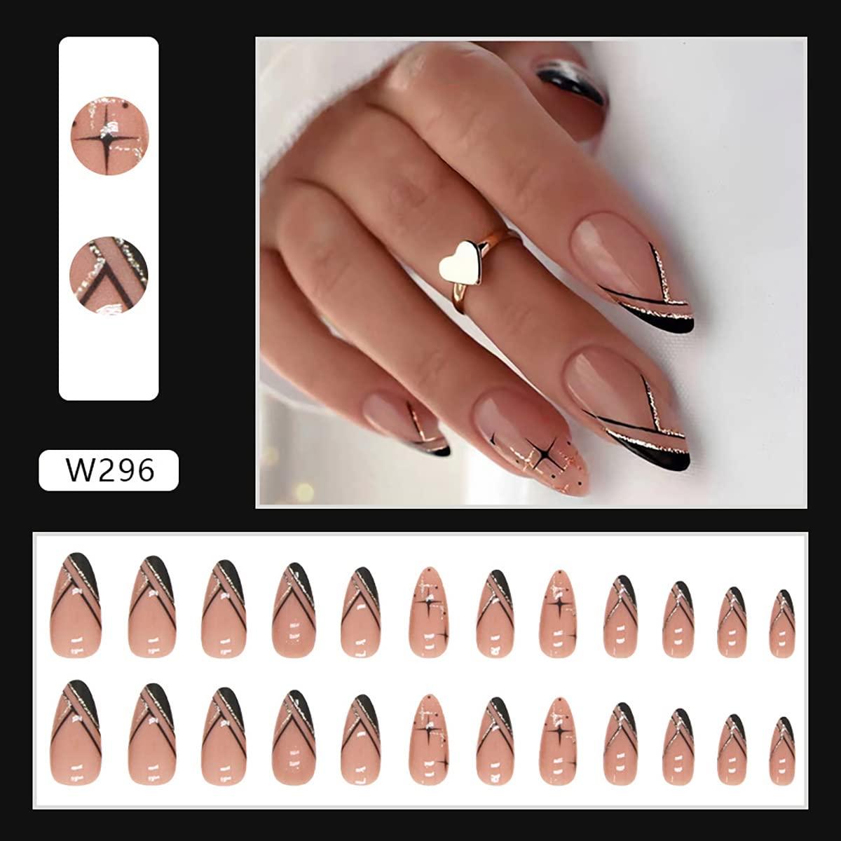 Pcs Almond Shaped French Tip Press On Nails Nude Pink Black Star Glitter Design Buy Now