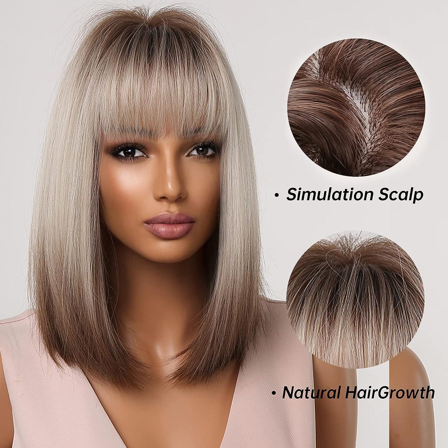 Allbell Brown Blonde Ombre Bob Wig For Women With Bangs Cosplay Synthetic Wig With Dark Roots
