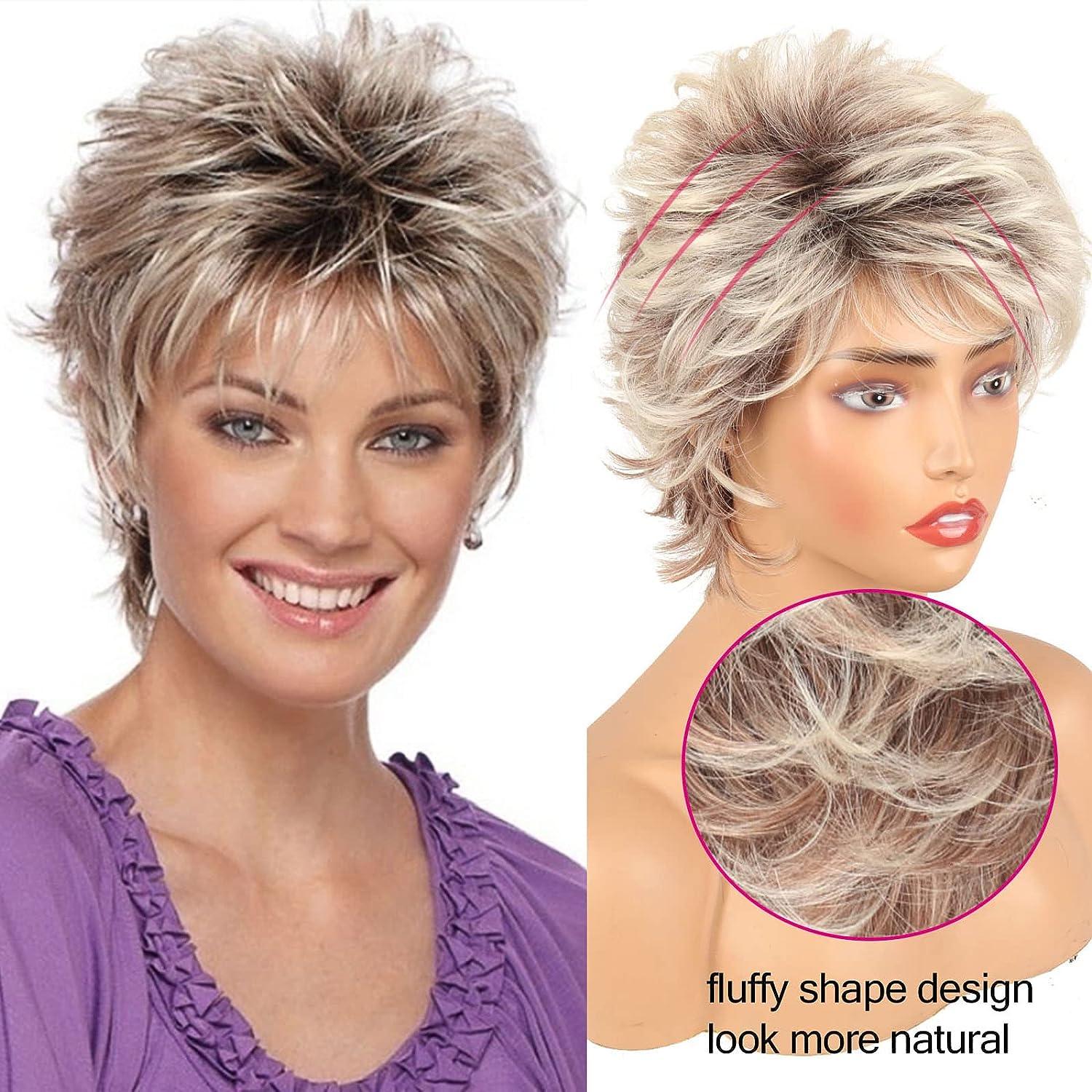 LEOSA Short Blonde Pixie Cut Wig With Bangs Synthetic Wavy Curly Hair