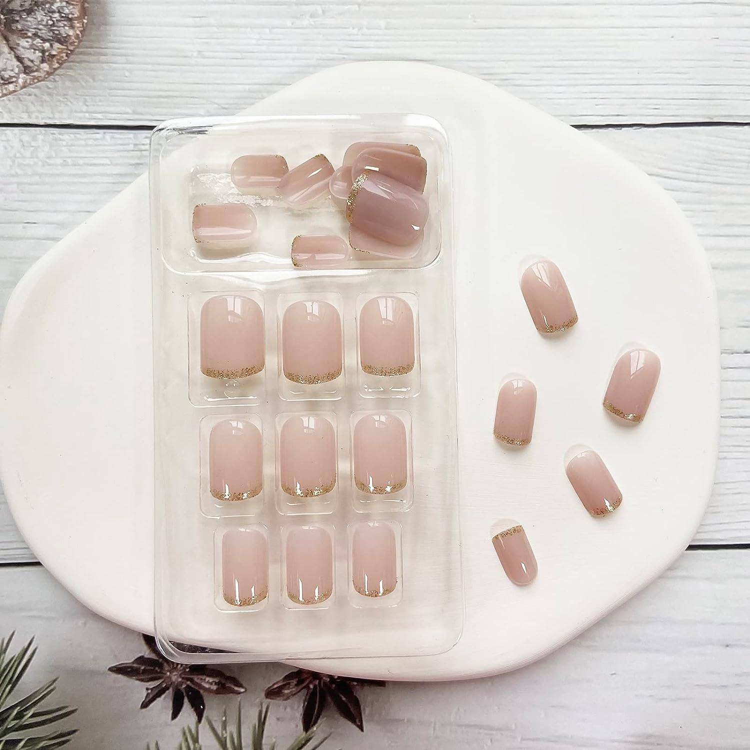 French Gold Glitter Short Square Press On Nails Pcs Acrylic Full Cover Glossy Nude Tips For