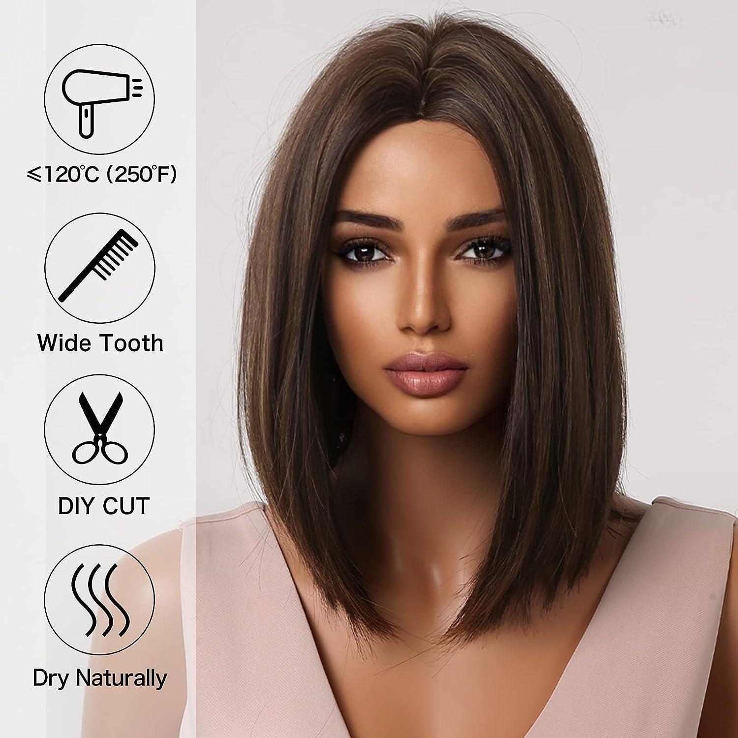 Allbell Brown Bob Wig With Blonde Highlights Short Straight Synthetic Hair Middle Part For