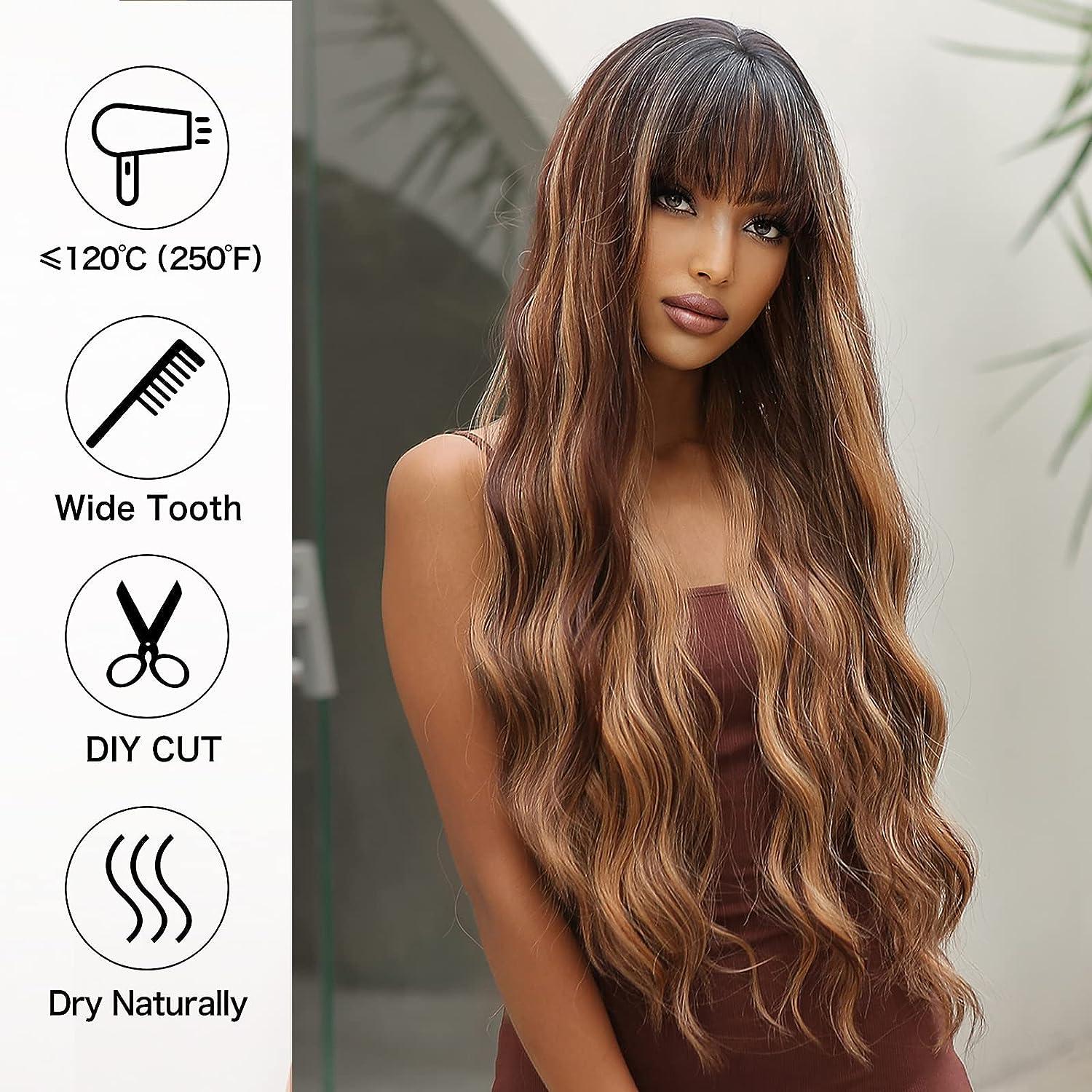 Allbell Long Wave Brown Highlight Wig With Bangs Synthetic Hair Dark Roots Brown Mixed Blonde