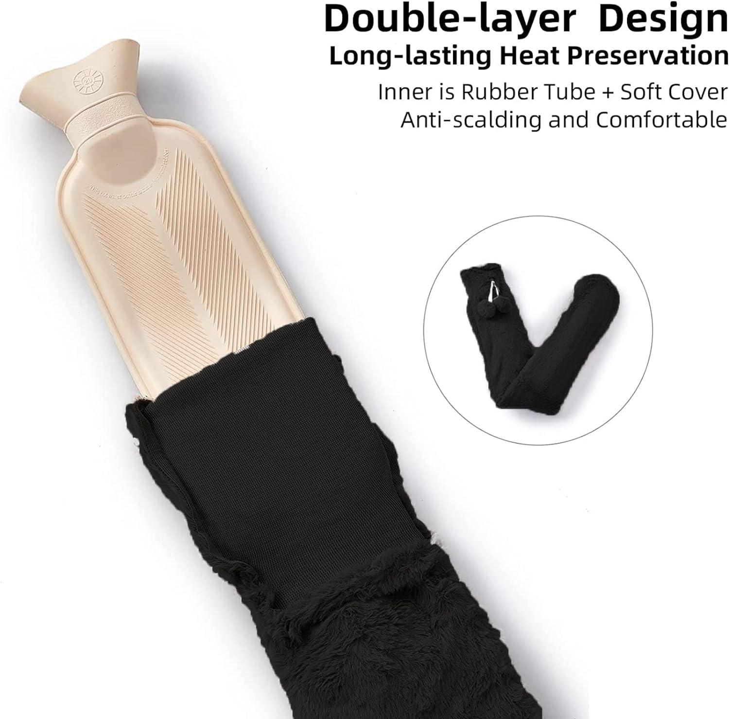 L Natural Rubber Long Hot Water Bottle With Fluffy Cover Heat Therapy Neck Wrap