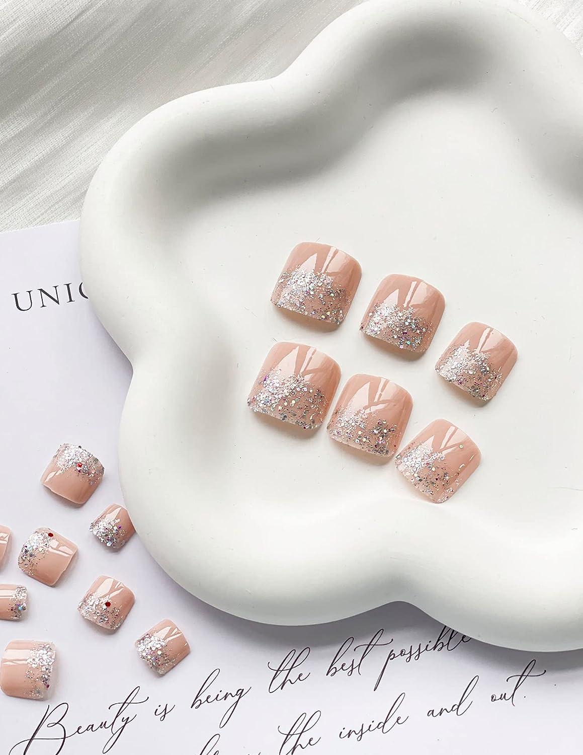 Summer Square Fake Toenails Glitter Nude French Tip Press On Toenails Pcs Full Cover