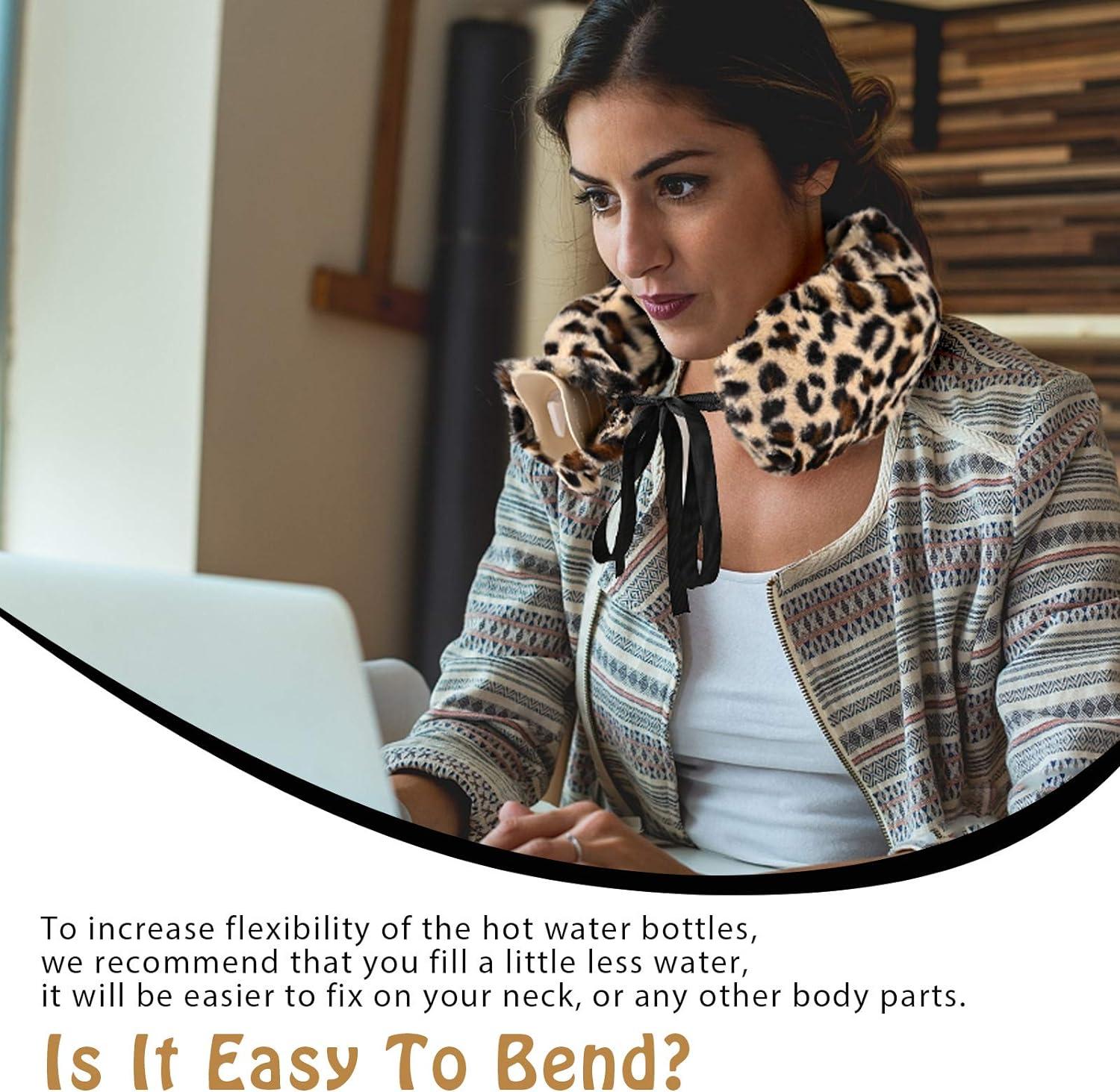 Leopard Print Long Hot Water Bottle With Plush Cover L Capacity Wearable Belts For Neck