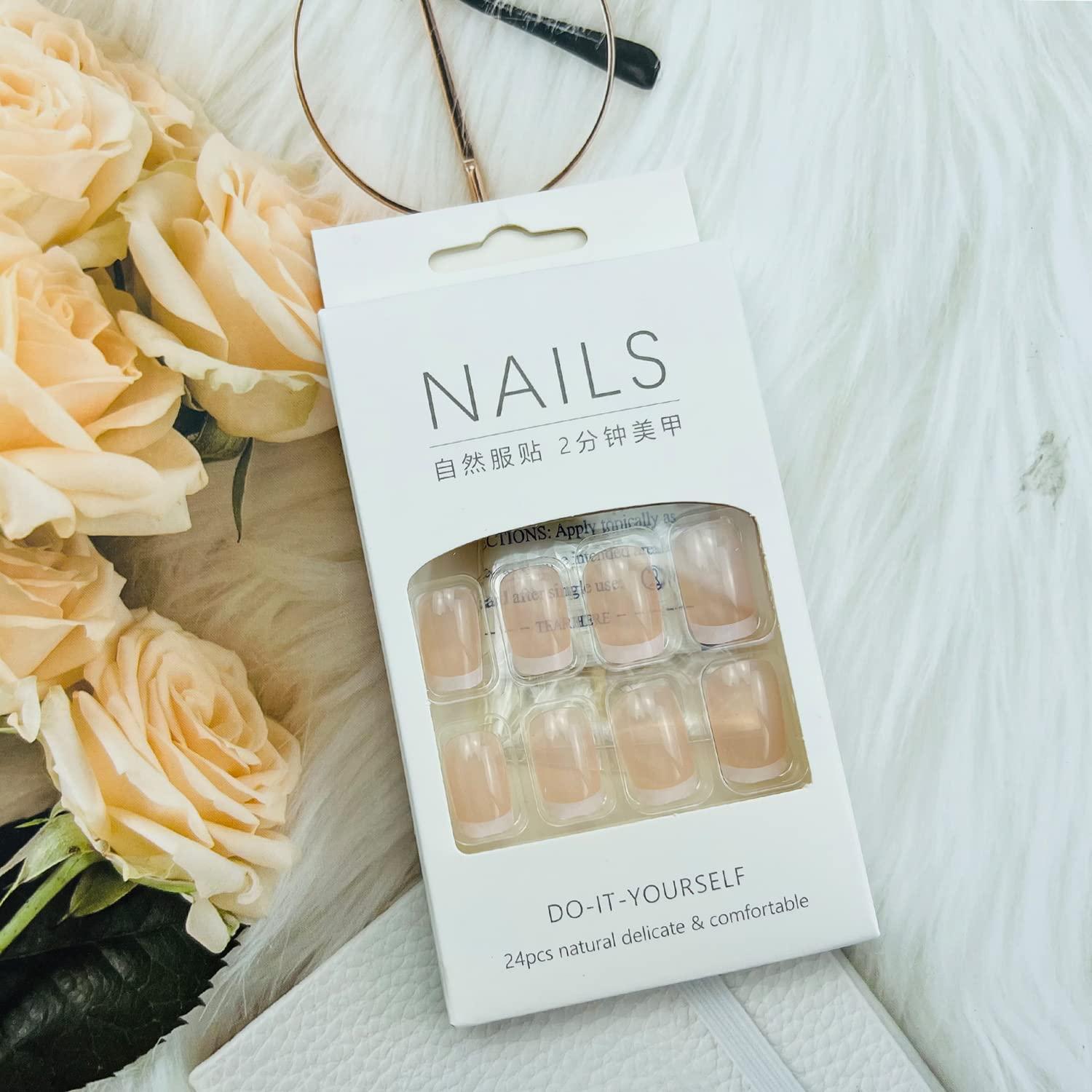 24PCS Glossy French Tip Press On Acrylic Nails Set Nude Pink Short Coffin Style With Glue