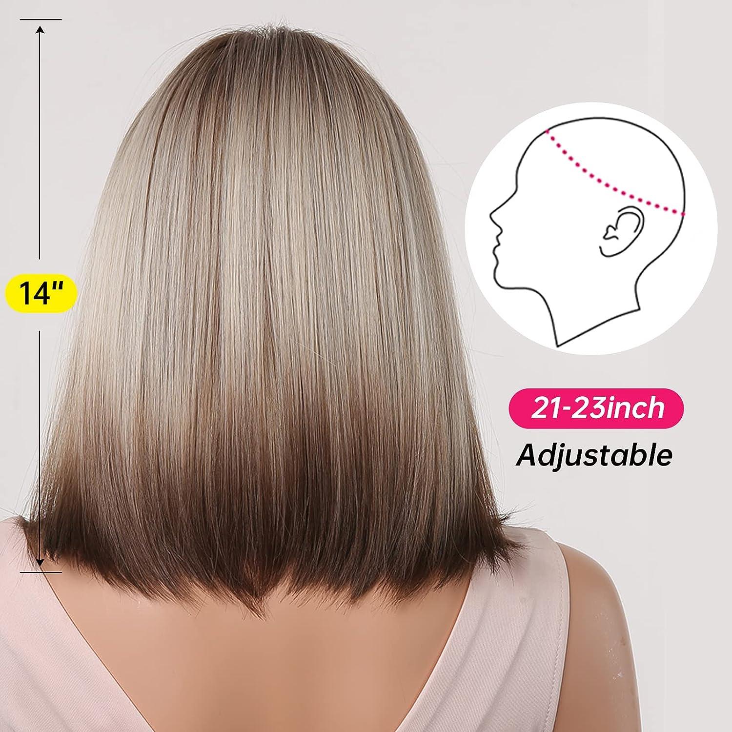 Allbell Brown Blonde Ombre Bob Wig For Women With Bangs Cosplay Synthetic Wig With Dark Roots
