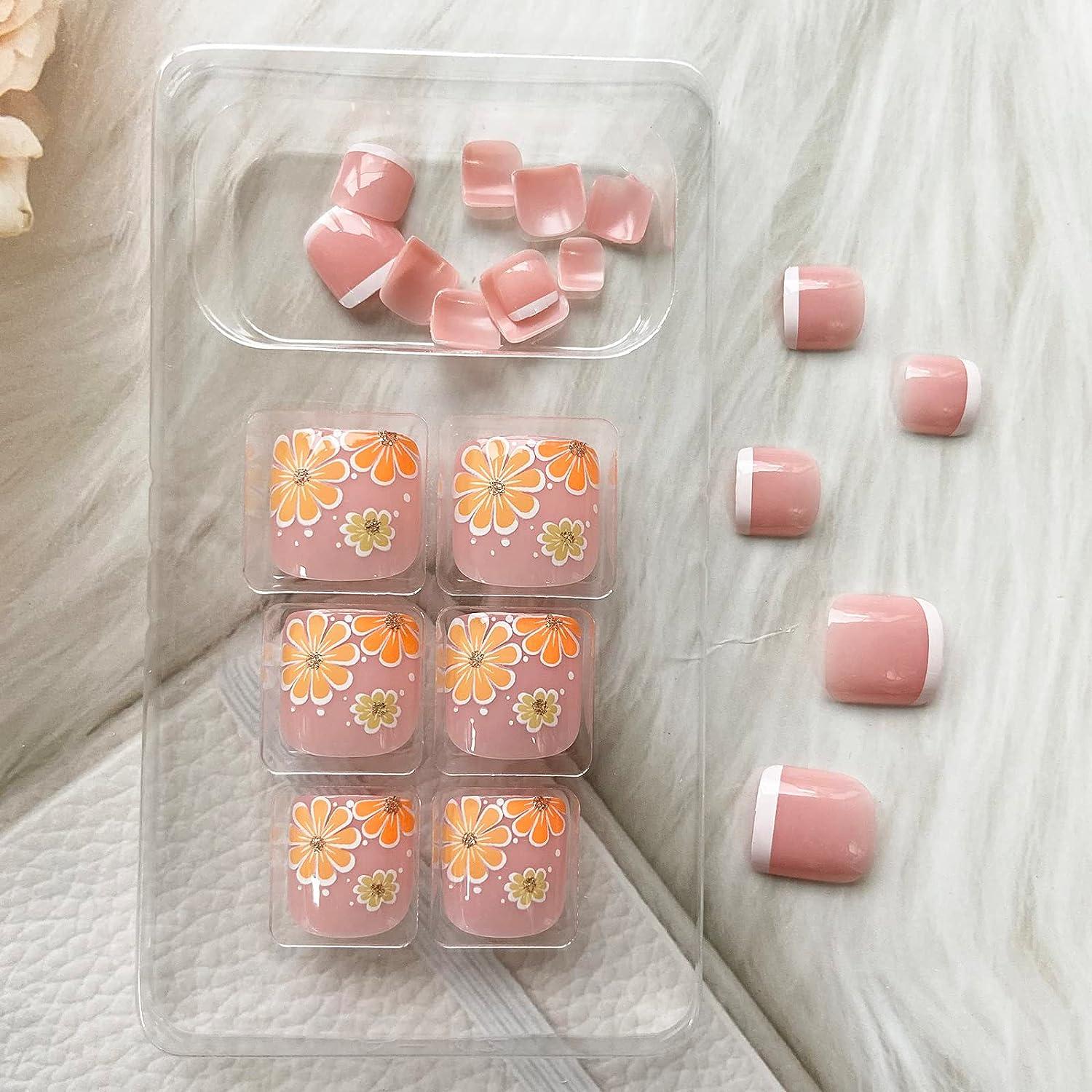 Nude Pink Square Fake Toenails With Flower Design Pcs Full Cover Glossy Toe Nail Tips For