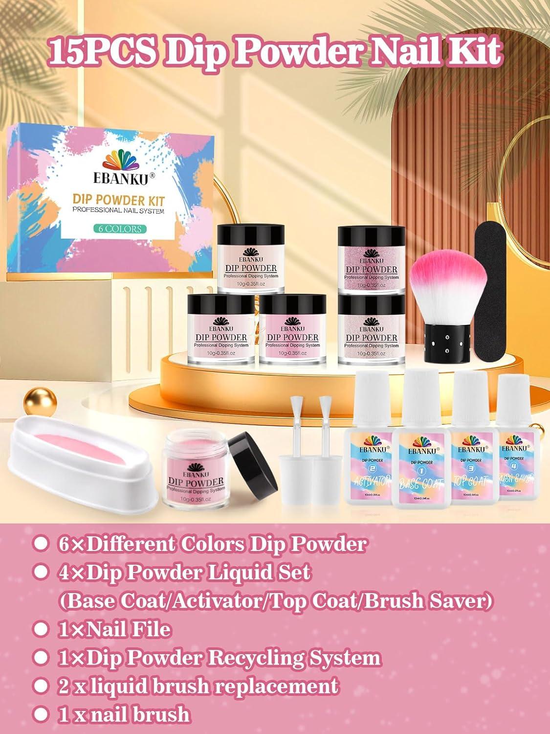 EBANKU 15PCS Dip Powder Nail Starter Kit 6 Colors Nude Pink Glitter DIY French Manicure