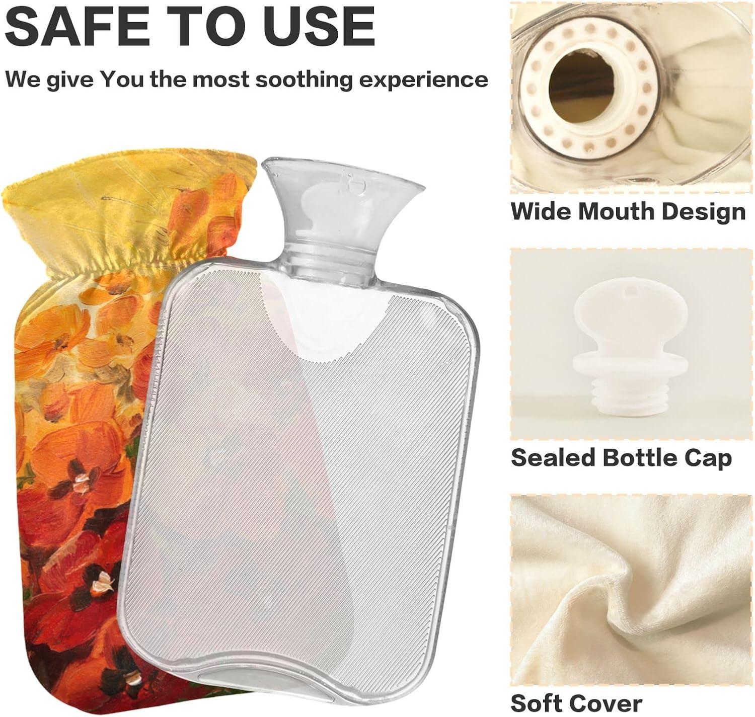 NAANLE L Transparent Hot Water Bottle With Lid Oil Painting Poppy Flowers For Menstrual