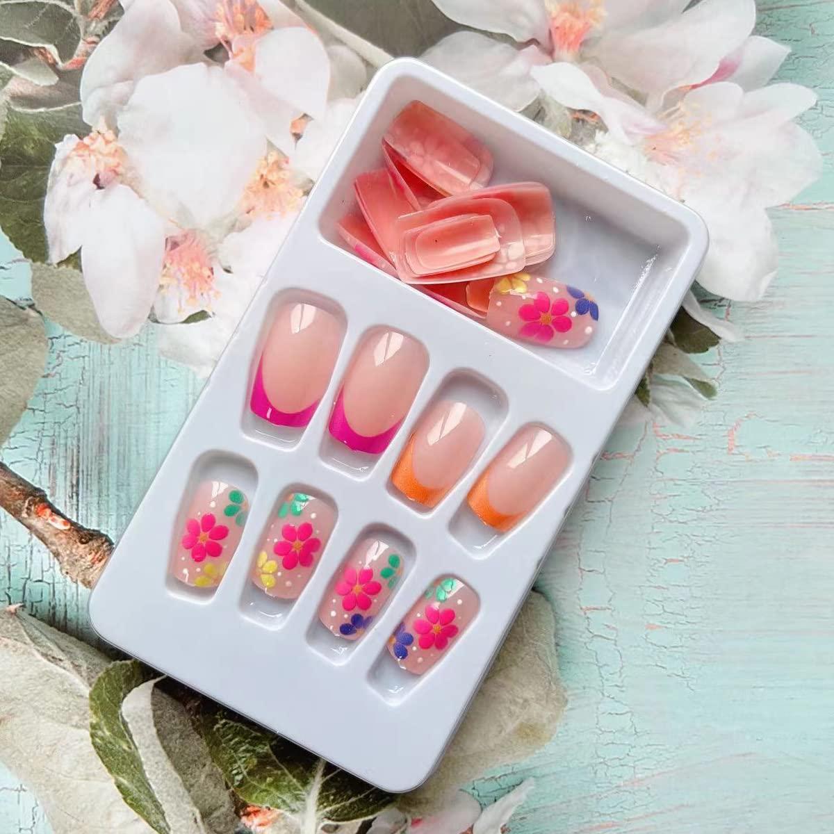French Tip Flower Design Nude Pink Square Fake Nails Glossy Full Cover Acrylic Press On Nails