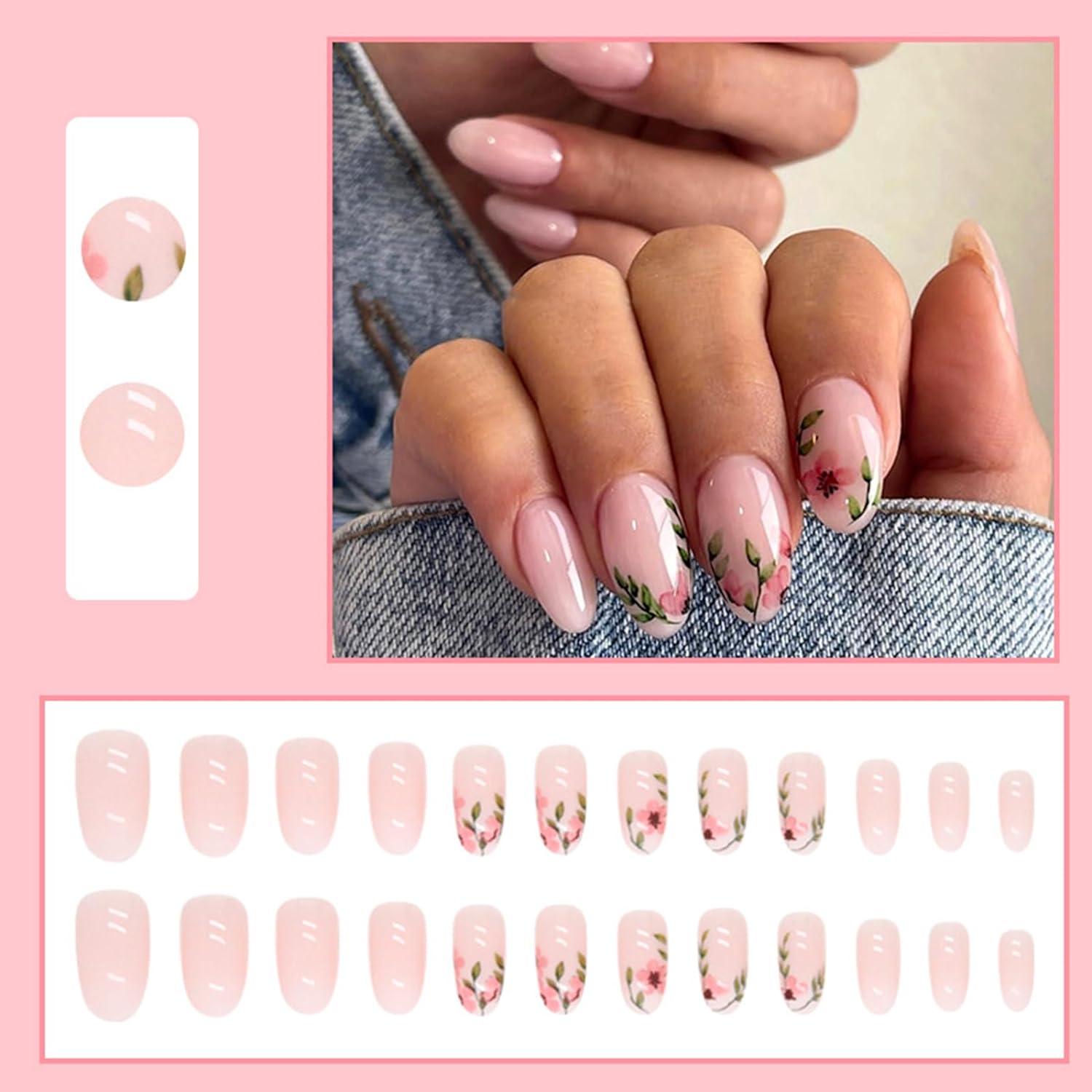Pcs Almond Flower Press On Nails Short French Tip Fake Nails Glossy Nude Pink False Nails