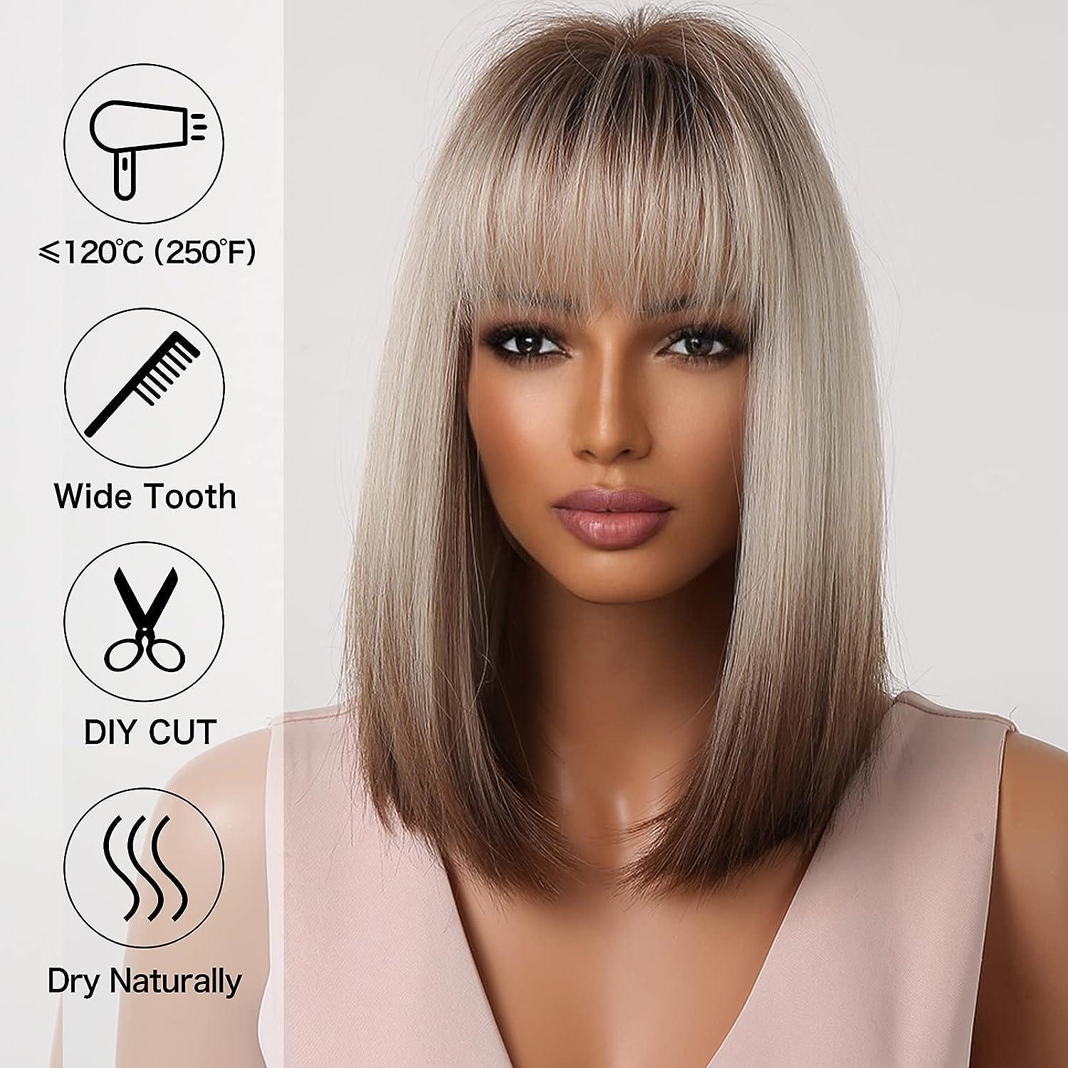 Allbell Brown Blonde Ombre Bob Wig For Women With Bangs Cosplay Synthetic Wig With Dark Roots