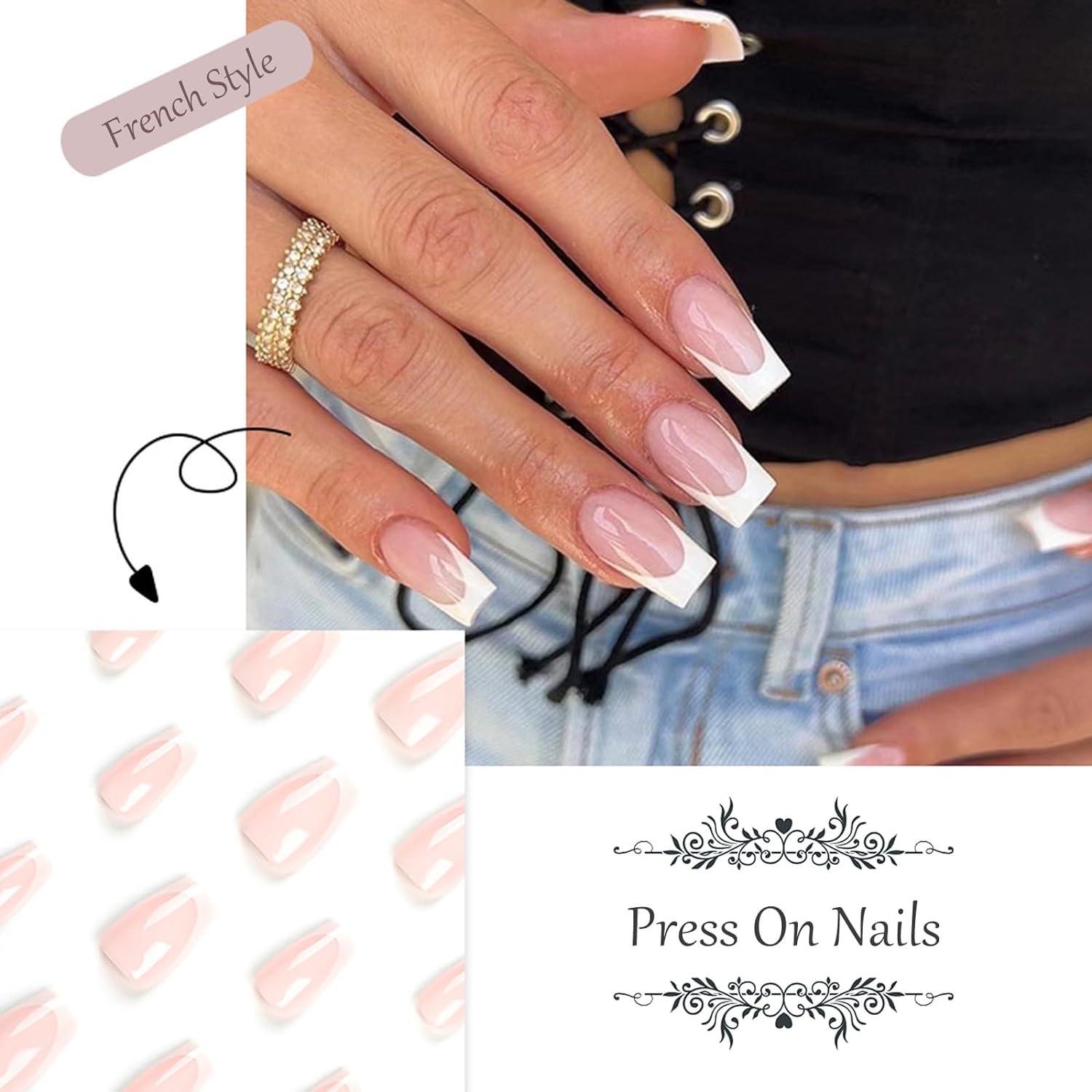 24 Pcs French False Nails White Tips Press On Nails Full Cover False Nails Nude White Square