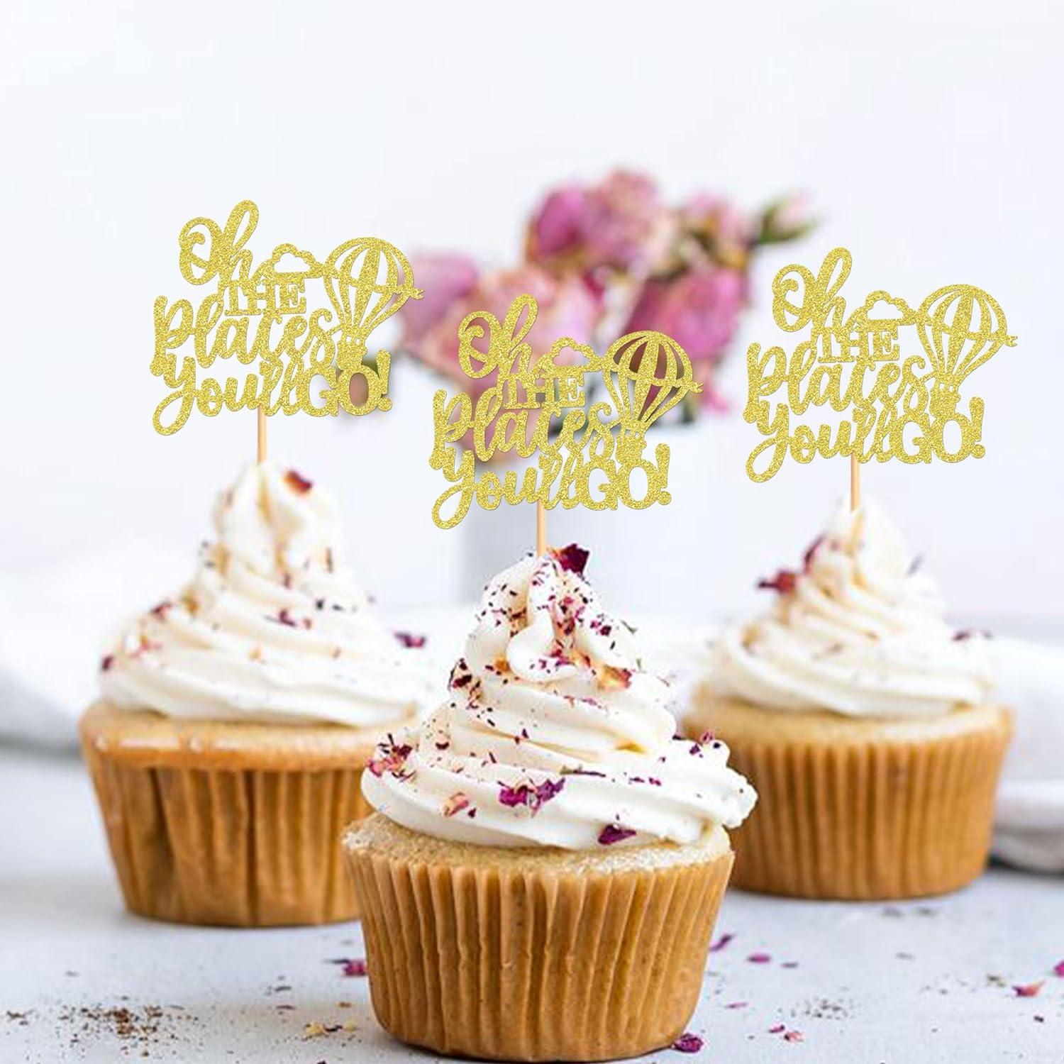 Ercadio Pcs Hot Air Balloon Cupcake Toppers Gold Glitter Balloon Oh The Places You Ll Go
