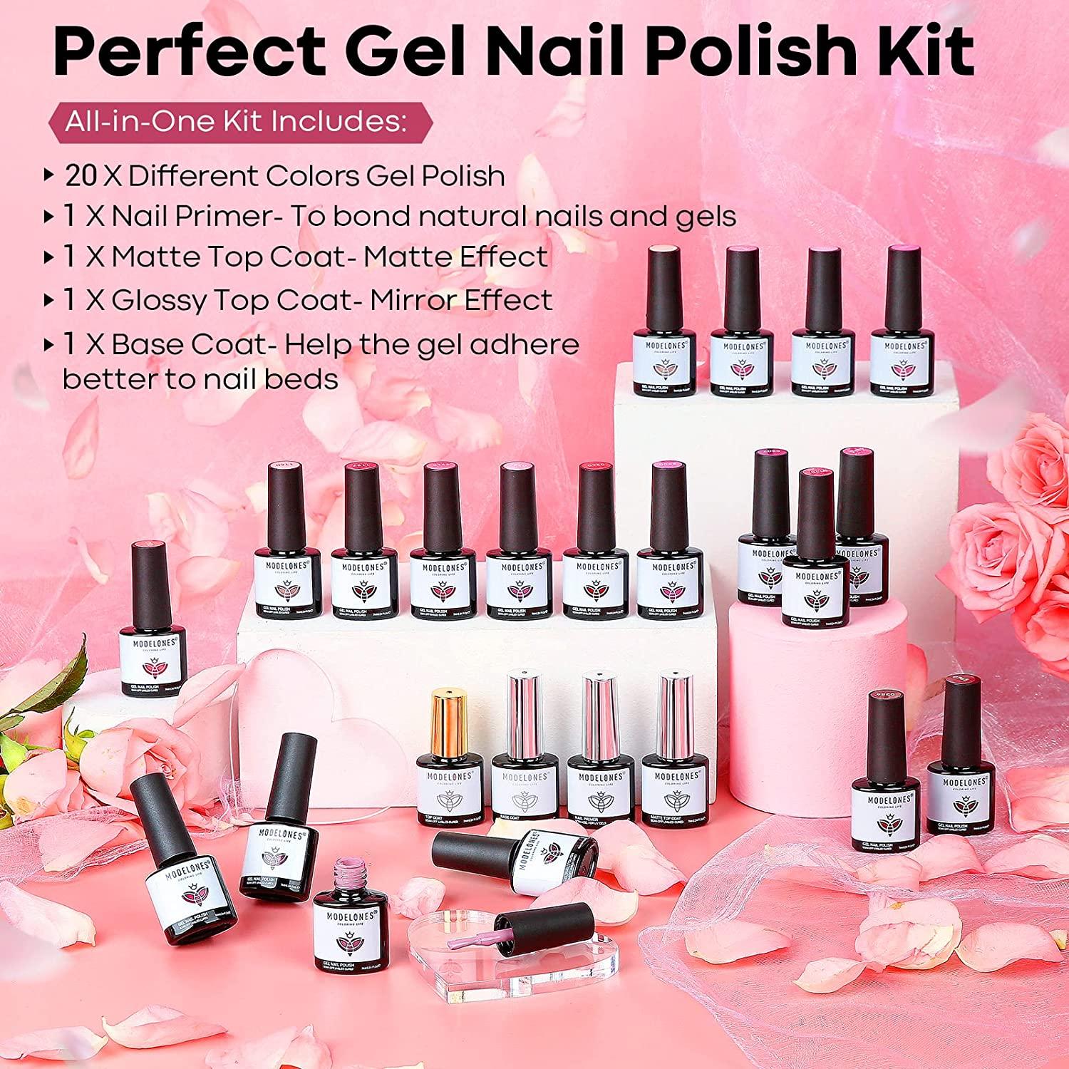 Modelones Pcs Gel Nail Polish Kit Hot Pink Glitter Soak Off Gel Set With Glossymatte Top