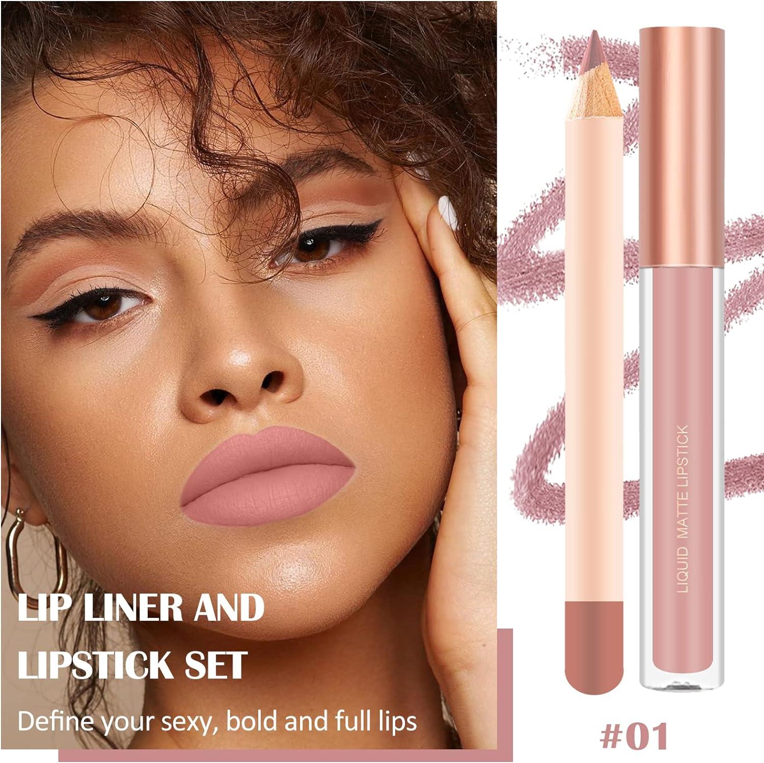 Prreal 2Pcs Lip Liner And Lipstick Set Nude Velvety Matte Liquid Lipstick Matching Lip Liner
