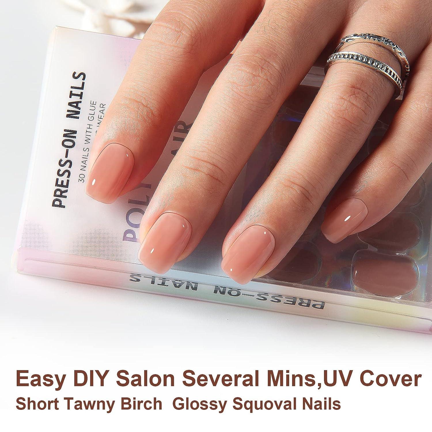 Polychrome Air Press On Nails Medium Short Squoval Abs Natural Fit Fake Nails Glossy Nude