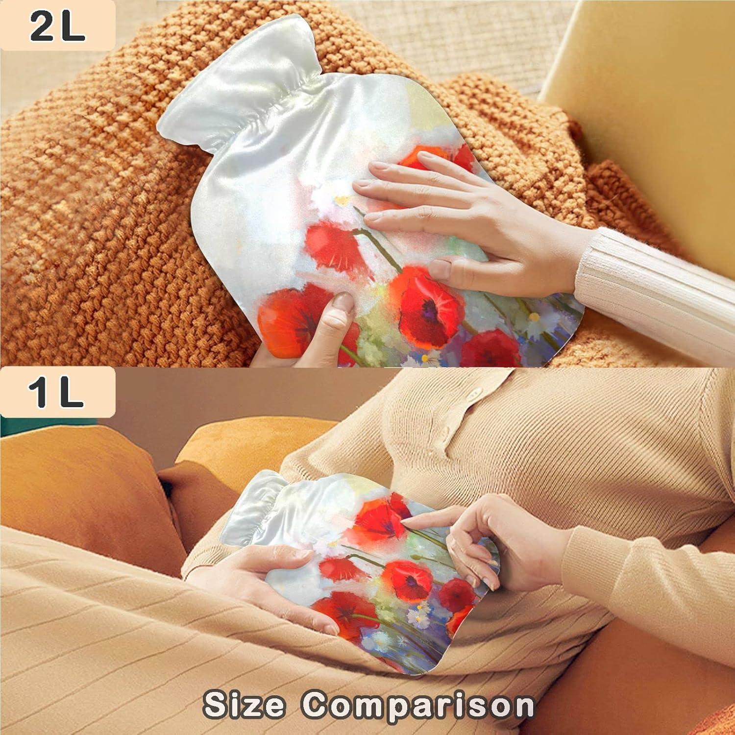 NAANLE 2L Hot Water Bottle With Lid Transparent Poppy Seed Flower Design For Menstrual Cramps