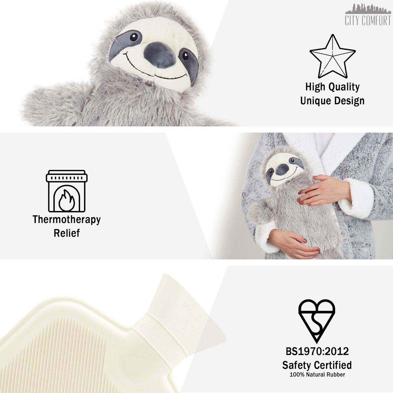 1L Hot Water Bottle With Grey Sloth Fleece Cover Plush And Cosy Gift For Natural Rubber Hot