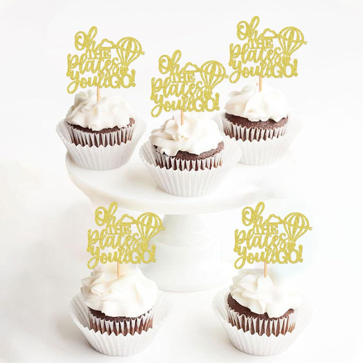 Ercadio Pcs Hot Air Balloon Cupcake Toppers Gold Glitter Balloon Oh The Places You Ll Go