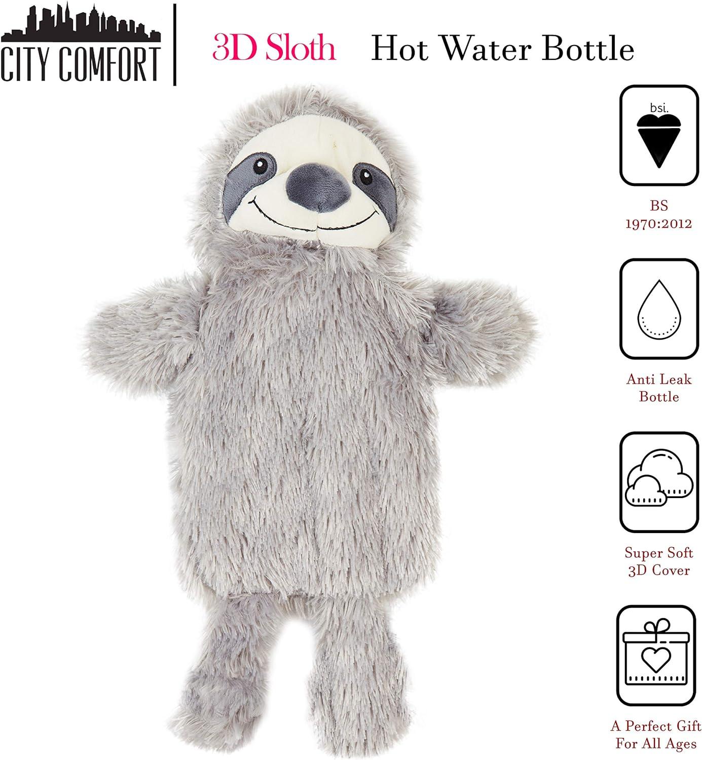 L Hot Water Bottle With Grey Sloth Fleece Cover Plush And Cosy Gift For Natural Rubber Hot