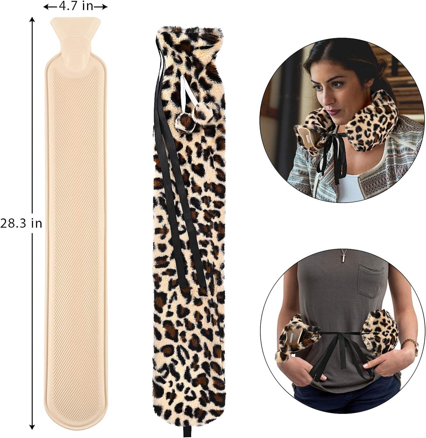 Leopard Print Long Hot Water Bottle With Plush Cover L Capacity Wearable Belts For Neck