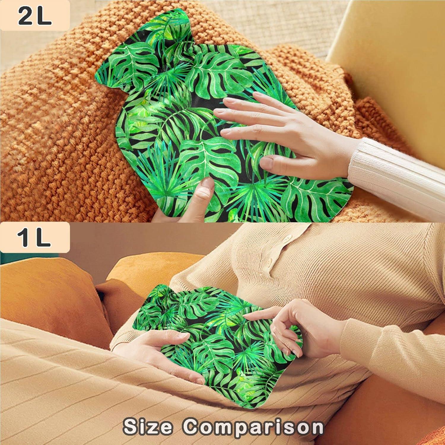 NAANLE L Hot Water Bottle With Tropical Leaves Cover Pain Relief For Menstrual Cramps Heat