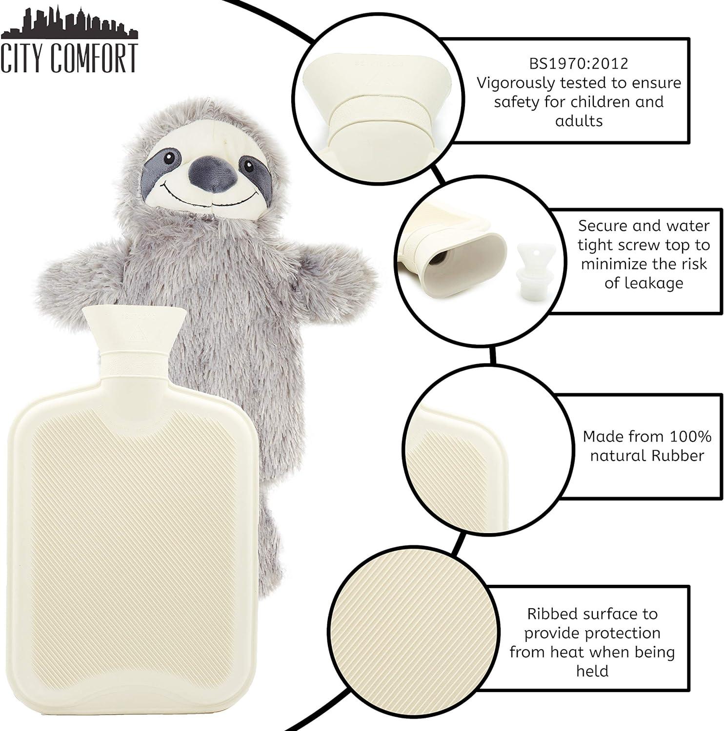 L Hot Water Bottle With Grey Sloth Fleece Cover Plush And Cosy Gift For Natural Rubber Hot