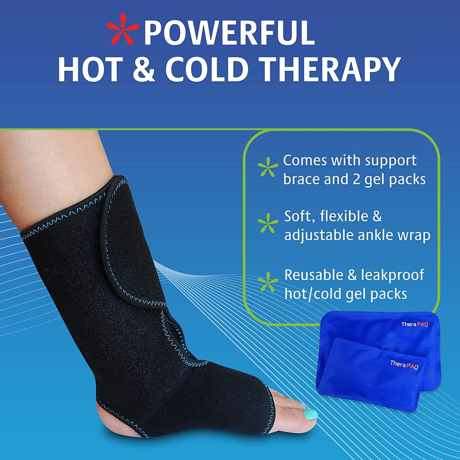 TheraPAQ Ankle Ice Pack Wrap Hot Cold Compression Brace For Injuries Includes 2 Gel Packs