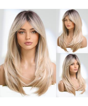 Long Blonde Wig With Bangs And Dark Roots 22 Inch Synthetic Hair Wig