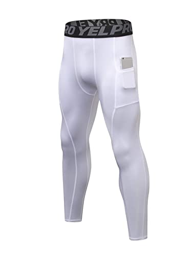 ABTIOYLLZ Men's Compression Pants Sports Athletic Leggings Base-Layer  Active Workout Running Football Tights Pocket/Non White #80 Large