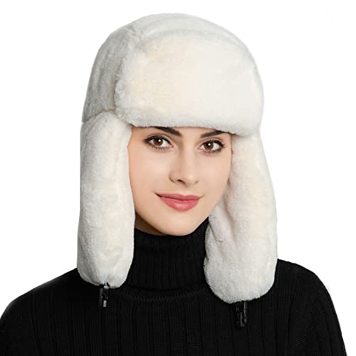 Winter Bomber Hats for Women and Men Russian Fur Hat Ushanka Trooper  Trapper Hat Warm Cold Proof Ski Hunting Cap White