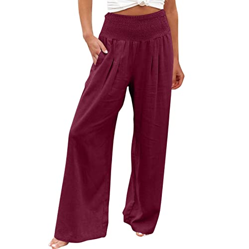 Flowy Beach Pants for Women high Waisted Summer Palazzo Pants Lounge  Trousers Cotton Linen Wide Leg Pants with Pockets Small A3-wine