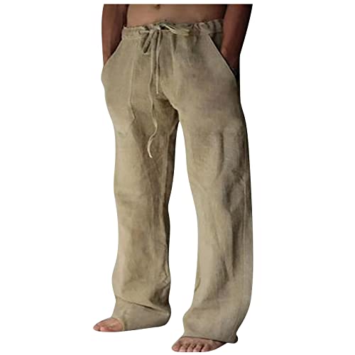 Mens Linen Pants Lightweight Elastic Waist Drawstring Pants Summer